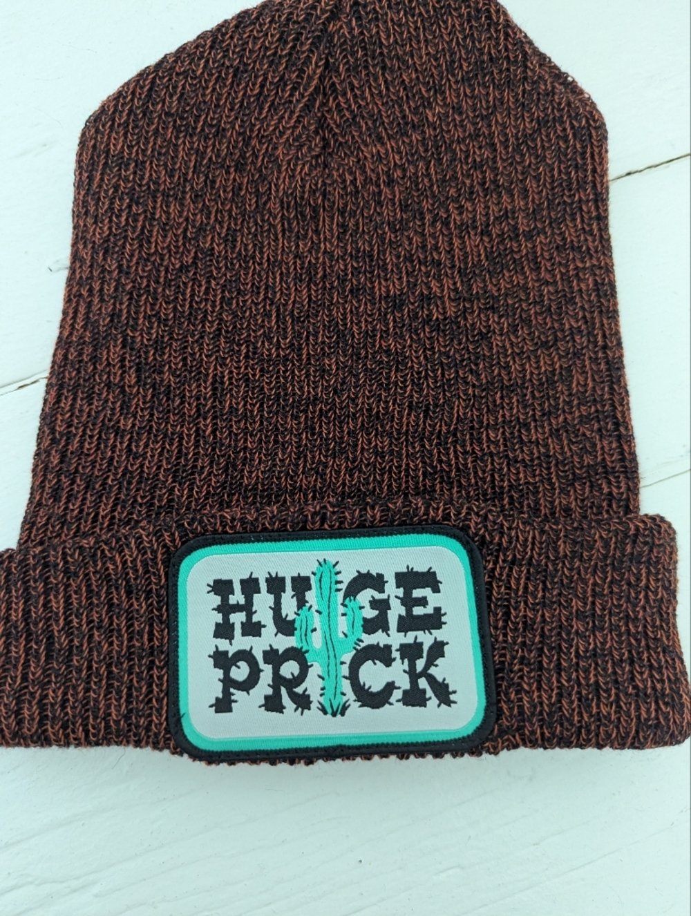 Brown Knit Beanie with Turquoise Patch